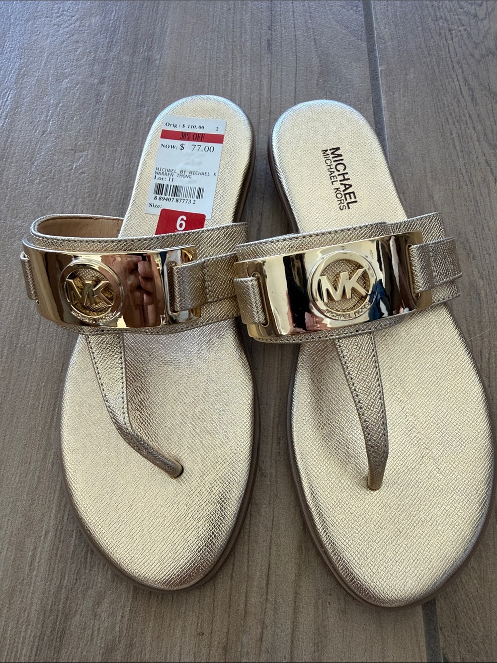 Michael Kors Metallic Gold MK Logo Thong Sandals - Women's